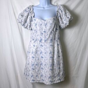 Francescas White Blue Floral Mini Dress Size M Bridal Coquette Milkmaid Country